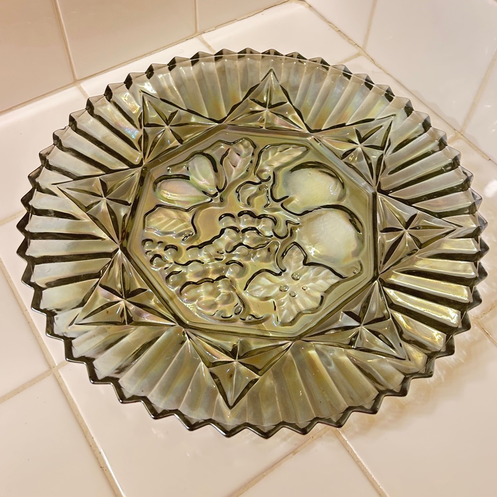 Smoke iridescent carnival glass Federal Glass platter Pioneer Fruit design 10"